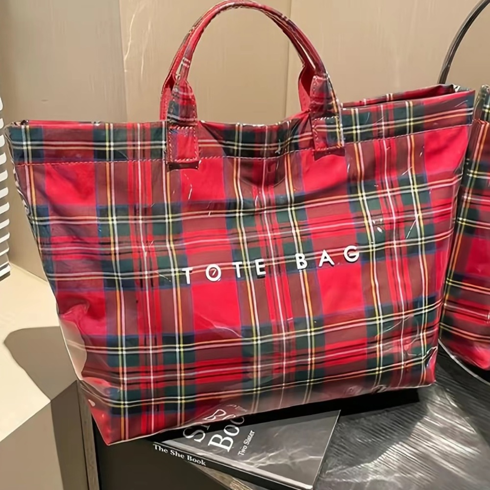 Red Tartan Plaid Tote Bag Large Tear Resistant Paper Shopper Travel Carryall New - Picture 4 of 8